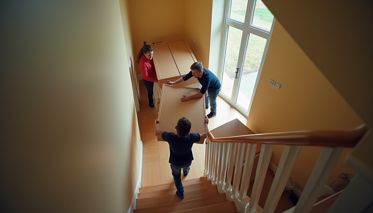 High angle view of movers carrying furniture down a narrow stairwell in a Leytonstone apartment building