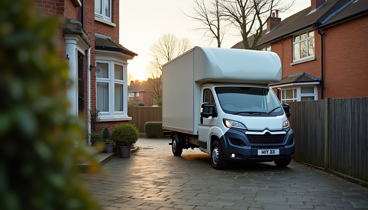High angle view of The London Man And Van vehicle parked outside a Hammersmith home ready for a pet friendly move
