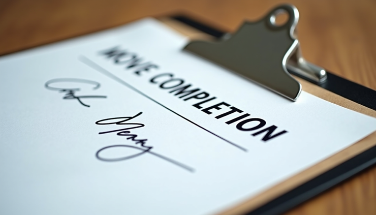 Close-up view of a signed move completion form on a clipboard
