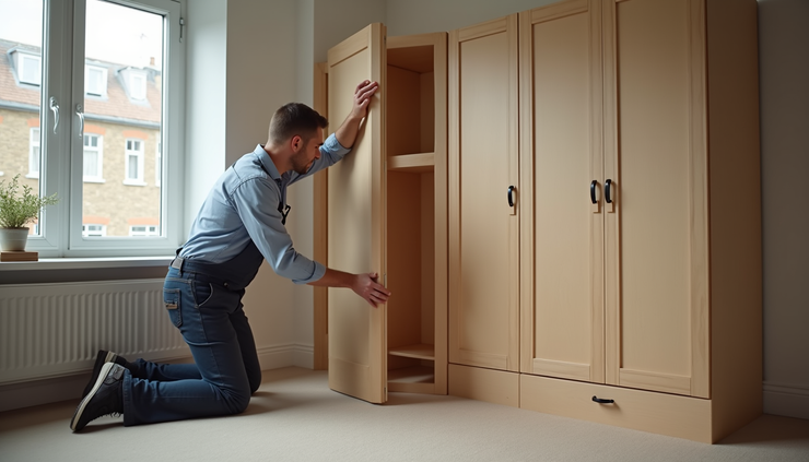 Eye-level view of a handyman assembling a flat pack wardrobe in a London flat