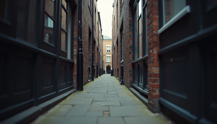 Eye-level view of a narrow London alleyway used for moving furniture