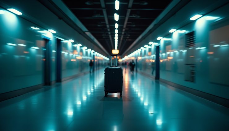منظر عين الطائر لعربة توصيل أمتعة تسير في ممر مطار هيثرو ليلاً