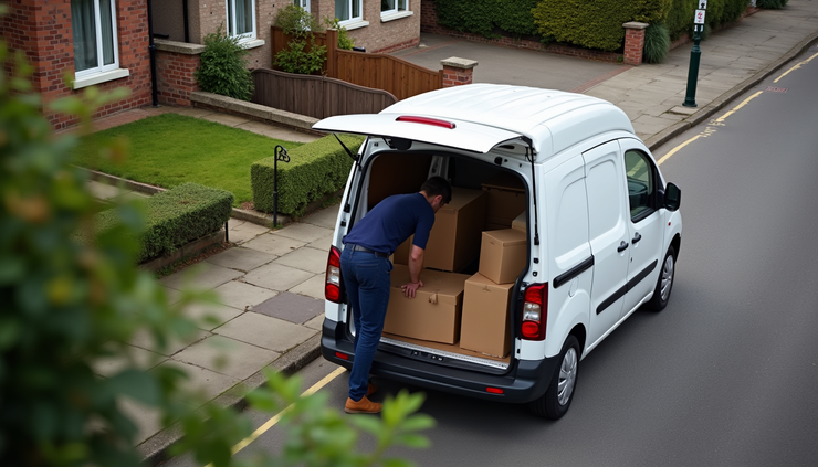 High angle view of a small van being loaded with boxes and furniture in Barnes