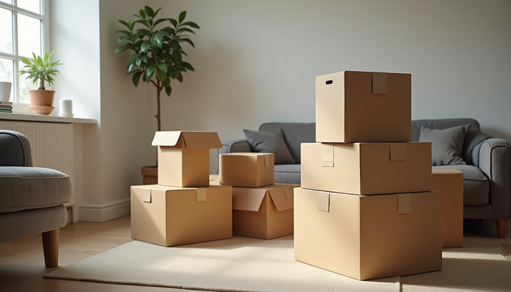 High angle view of packed moving boxes stacked in a Hull living room