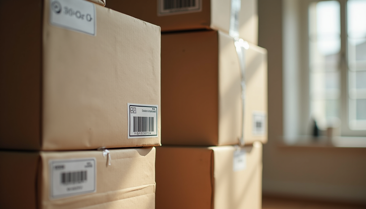 Close-up view of packed and labeled moving boxes stacked in a Cambridge home