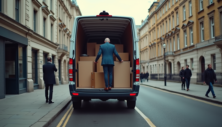 Close-up view of a man and van vehicle loaded with furniture ready to depart from London