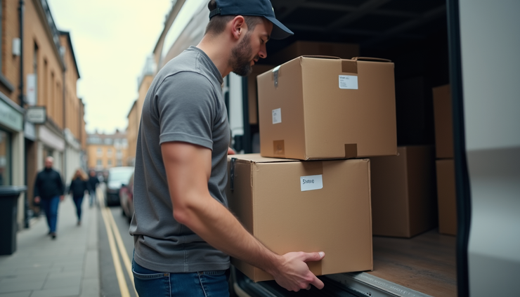 Close-up view of a mover loading labeled boxes into a van in a London street