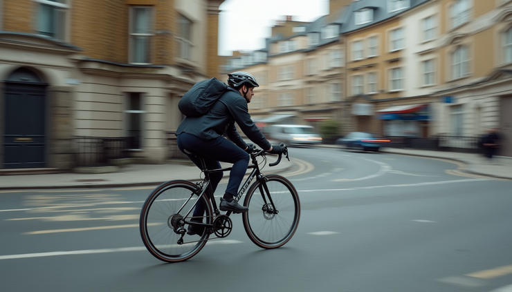 Eye-level view of a courier bike speeding through Hammersmith streets