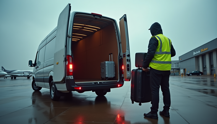 High angle view of a courier loading family luggage into a delivery van outside Luton Airport