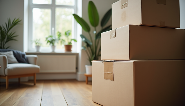 Close-up view of packed moving boxes labeled and stacked in a Southampton home
