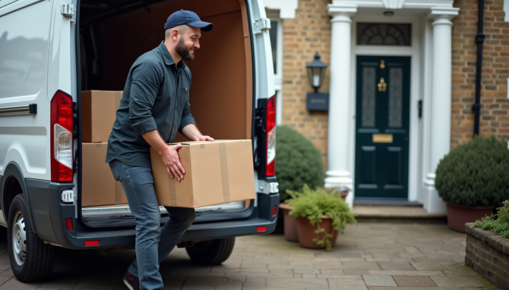 Close-up view of a man and van vehicle unloading boxes at a London residential doorstep
