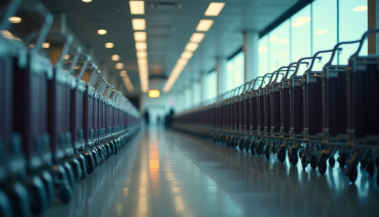 Eye-level view of luggage trolleys lined up outside Heathrow Airport terminal