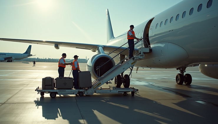 High angle view of luggage being loaded onto airplane at Heathrow Airport