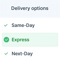 A 2D digital graphic design interface showing a "Delivery Options" menu with three choices