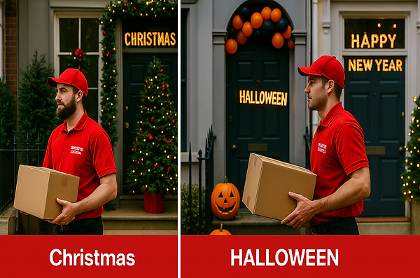 A series of four seasonal courier delivery scenes by Red Pepper Express. One courier deliv