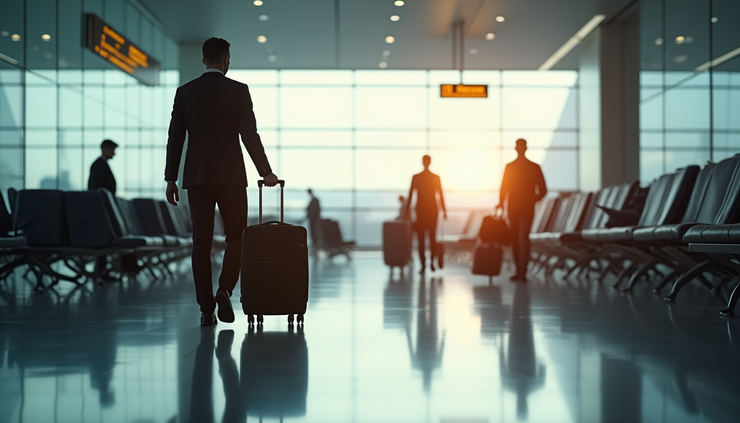 Eye-level view of Heathrow Airport arrivals hall with passengers and luggage trolleys
