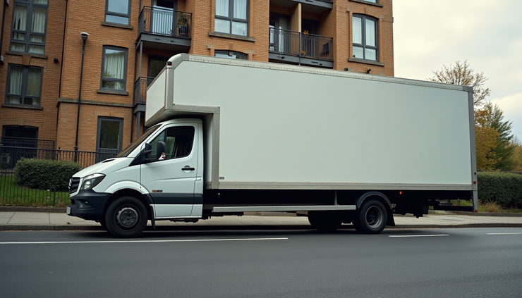 Eye-level view of a moving van parked outside a Brixton apartment building
