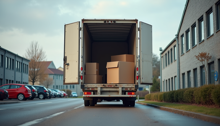 Eye-level view of a moving van unloading office equipment outside a Hertfordshire business park