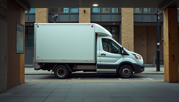 Eye-level view of a removal van parked in a suspended parking bay on a London street
