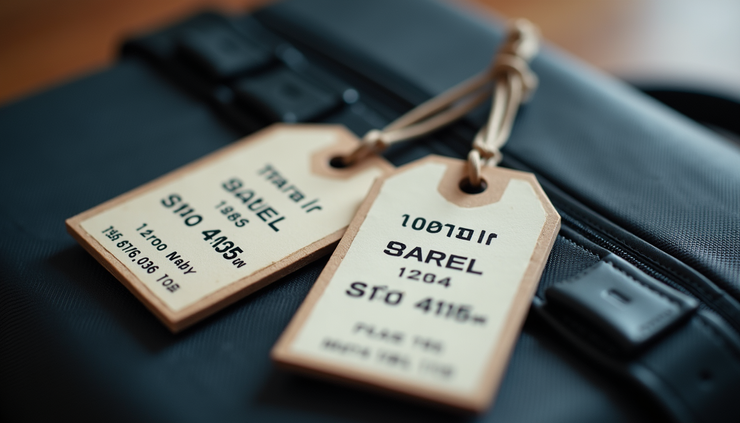 Close-up view of luggage tags with hotel address and traveller details