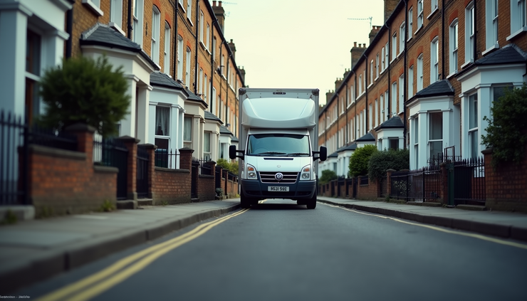Eye-level view of a moving van parked on a narrow Fulham street with terraced houses