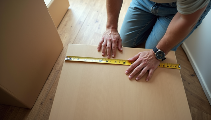 High angle view of a man measuring furniture dimensions for moving volume assessment