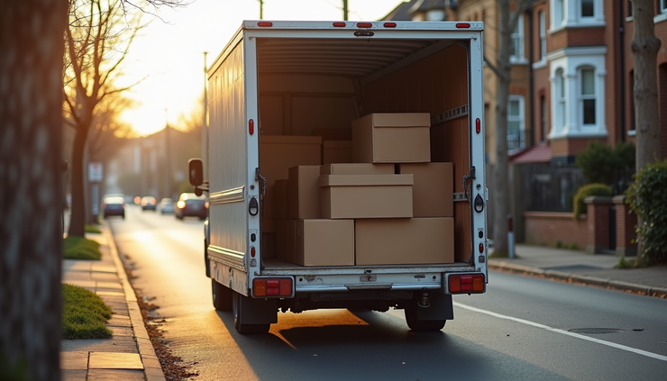 Close-up view of a moving van parked on a quiet street in Eltham with furniture being loaded