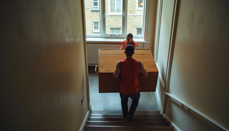 High angle view of movers carrying furniture down a narrow staircase in East London
