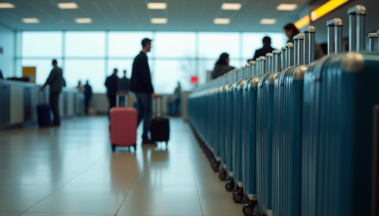 Eye-level view of a Heathrow Airport luggage delivery counter with suitcases lined up