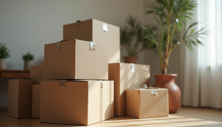 Close-up view of labelled moving boxes stacked neatly in a Hammersmith home