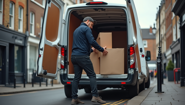 Eye-level view of a man loading boxes into a van parked on a London street