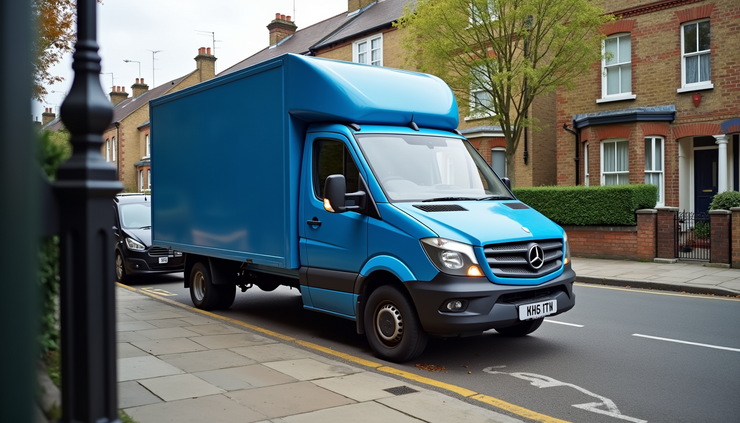 Eye-level view of a blue van parked in a designated suspension bay in a Hammersmith street