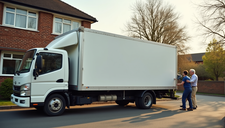 Eye-level view of a moving truck parked outside a cozy Hammersmith home