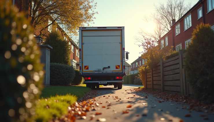 Eye-level view of a moving van parked outside a London home ready for loading