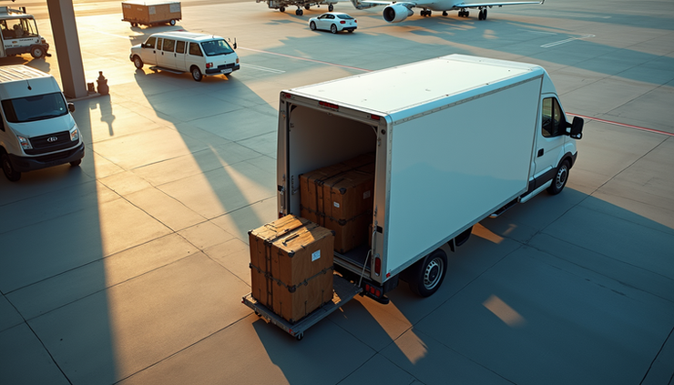 High angle view of a delivery van parked outside Heathrow Airport with luggage being loaded