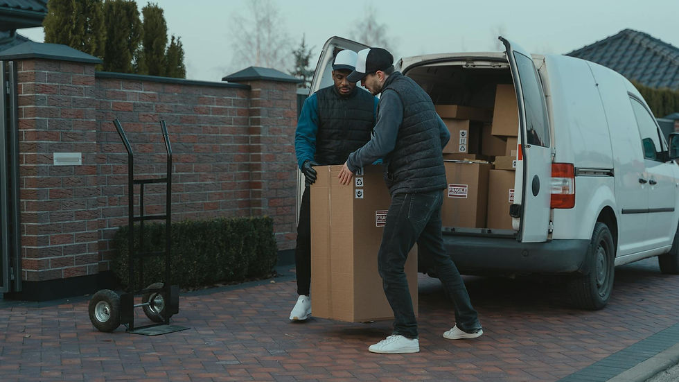 Delivery team handling packages from van in suburban area.