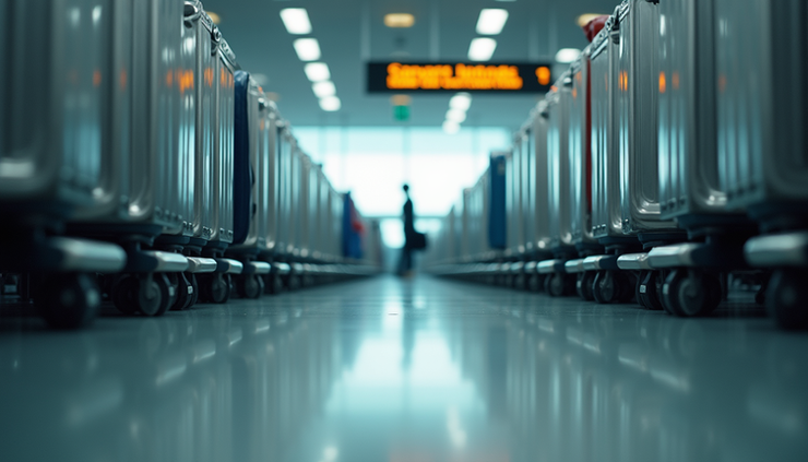 Eye-level view of luggage trolleys lined up at Heathrow Airport terminal