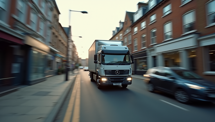 High angle view of a moving truck navigating a narrow street in Hammersmith