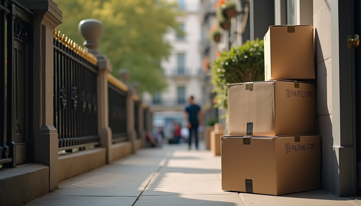 Close-up view of labeled moving boxes stacked near a London flat entrance