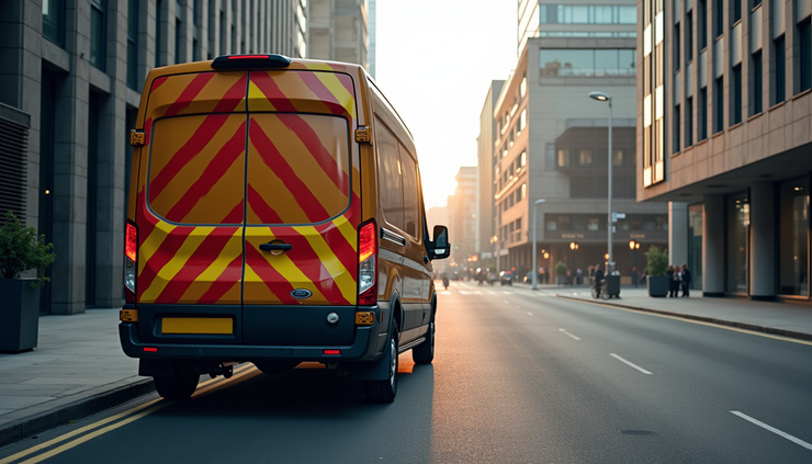 Eye-level view of a courier van parked near Canary Wharf buildings