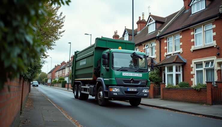 Eye-level view of a rubbish removal truck parked on a residential street in KT1 Kingston