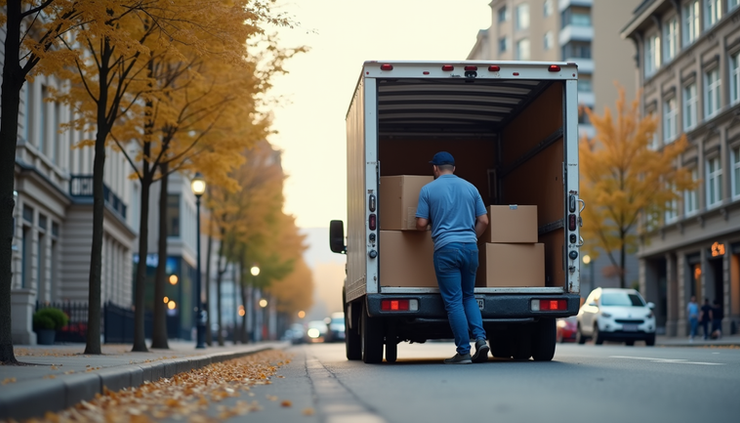 Eye-level view of a moving van parked near Deptford High Street with boxes being loaded