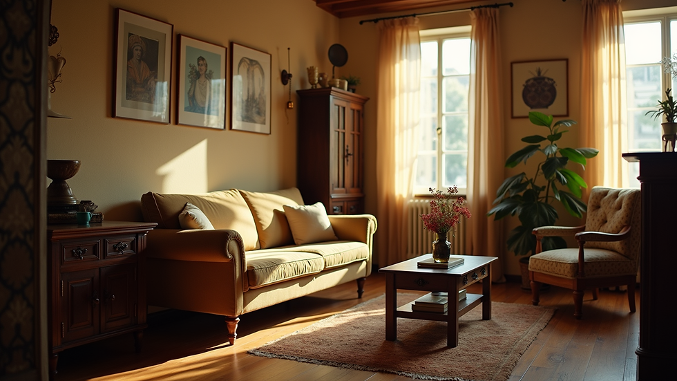 Eye-level view of a cozy living room with a vintage sofa and warm lighting