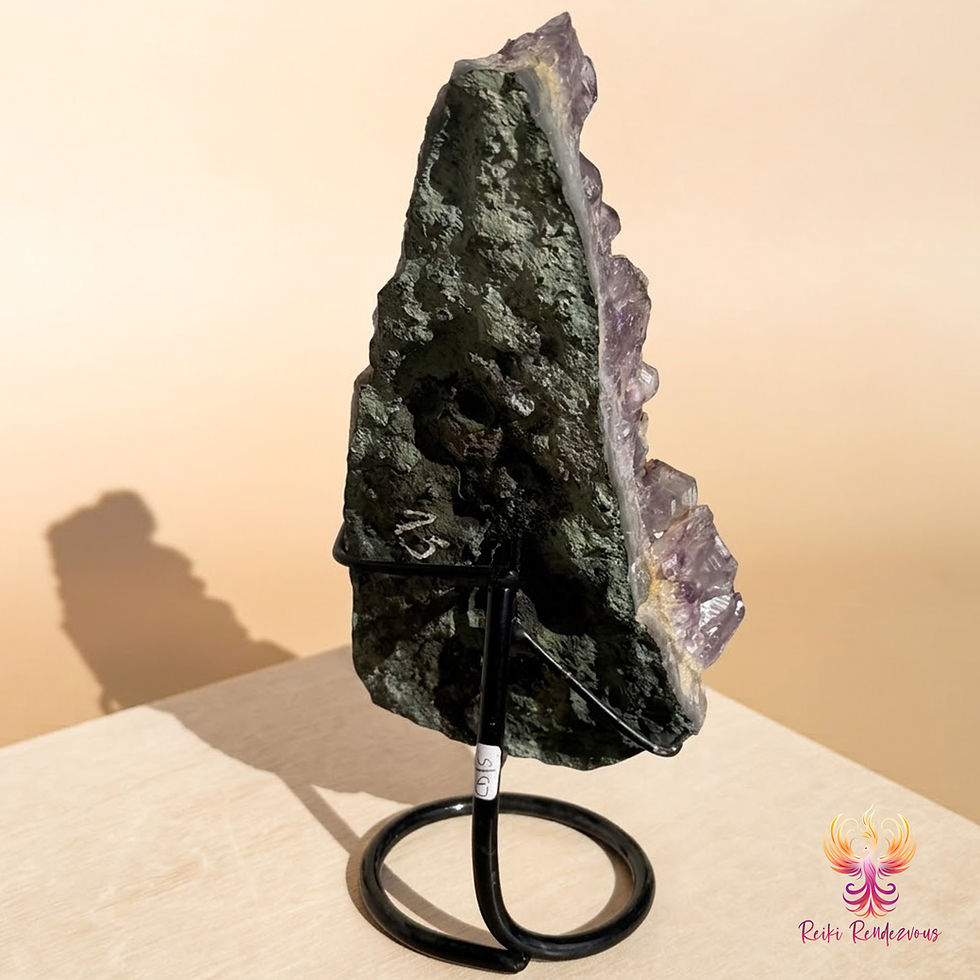 Thumbnail: Amethyst cluster with Goethite on stand Back View