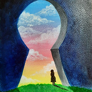 art une peinture d'une forme de trou de serrure avec un petit personnage dedans qui regarde un paysage coloré et paisible