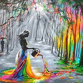peinture en noir et blanc, foret et chemin en point de fuite, femme qui arrose et tout deviens coloré