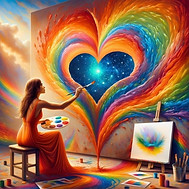 image très coloré d'une femme assise qui peint un arc en ciel en forme de coeur