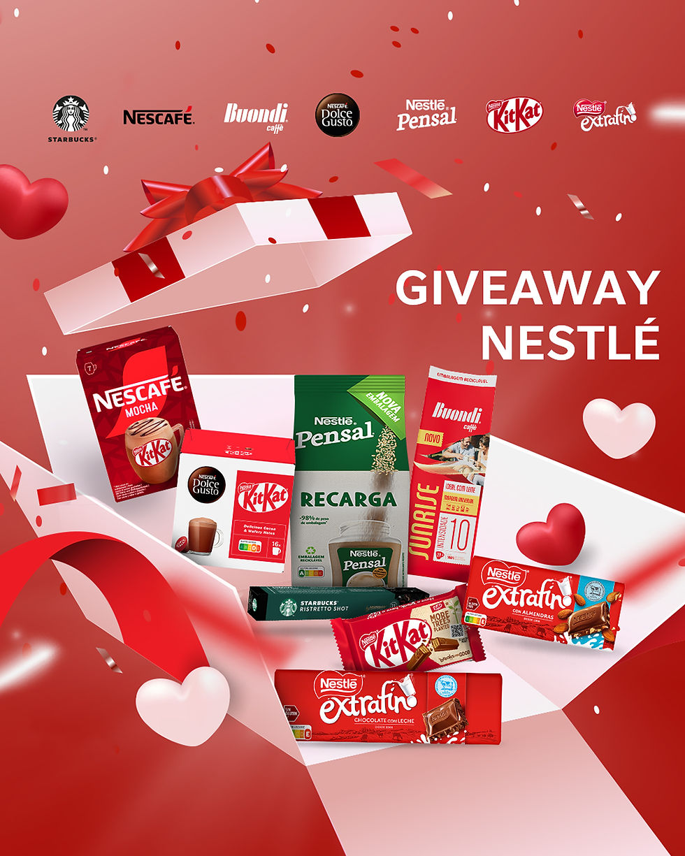 Conjunto de brindes atribuídos em sorteio, composto por produtos da gama Nestlé.