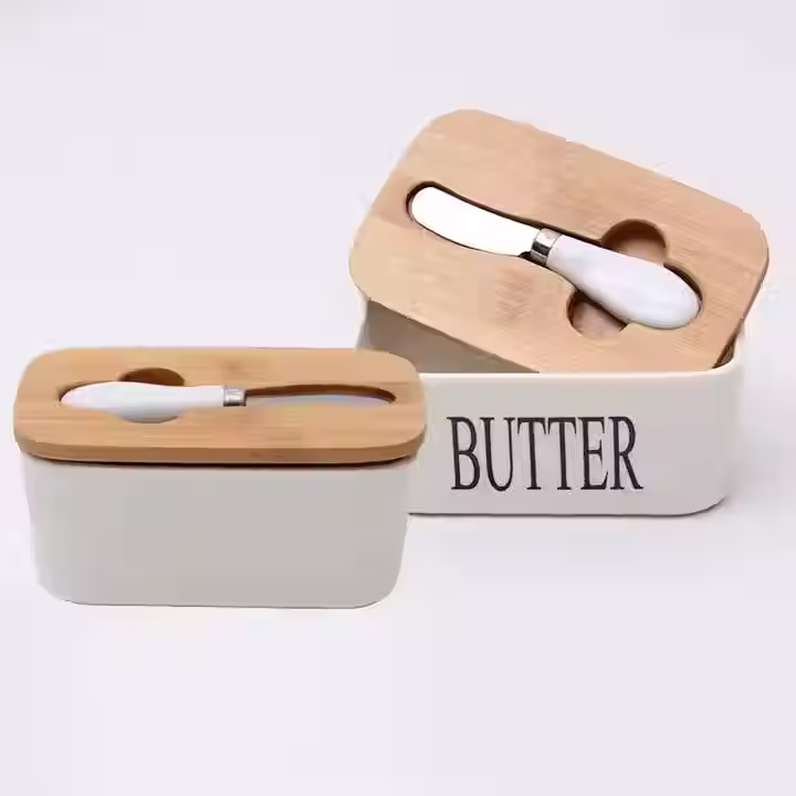 Miniatura: CERAMICZNA MASELNICZKA z NOŻEM bambusową POKRYWKĄ