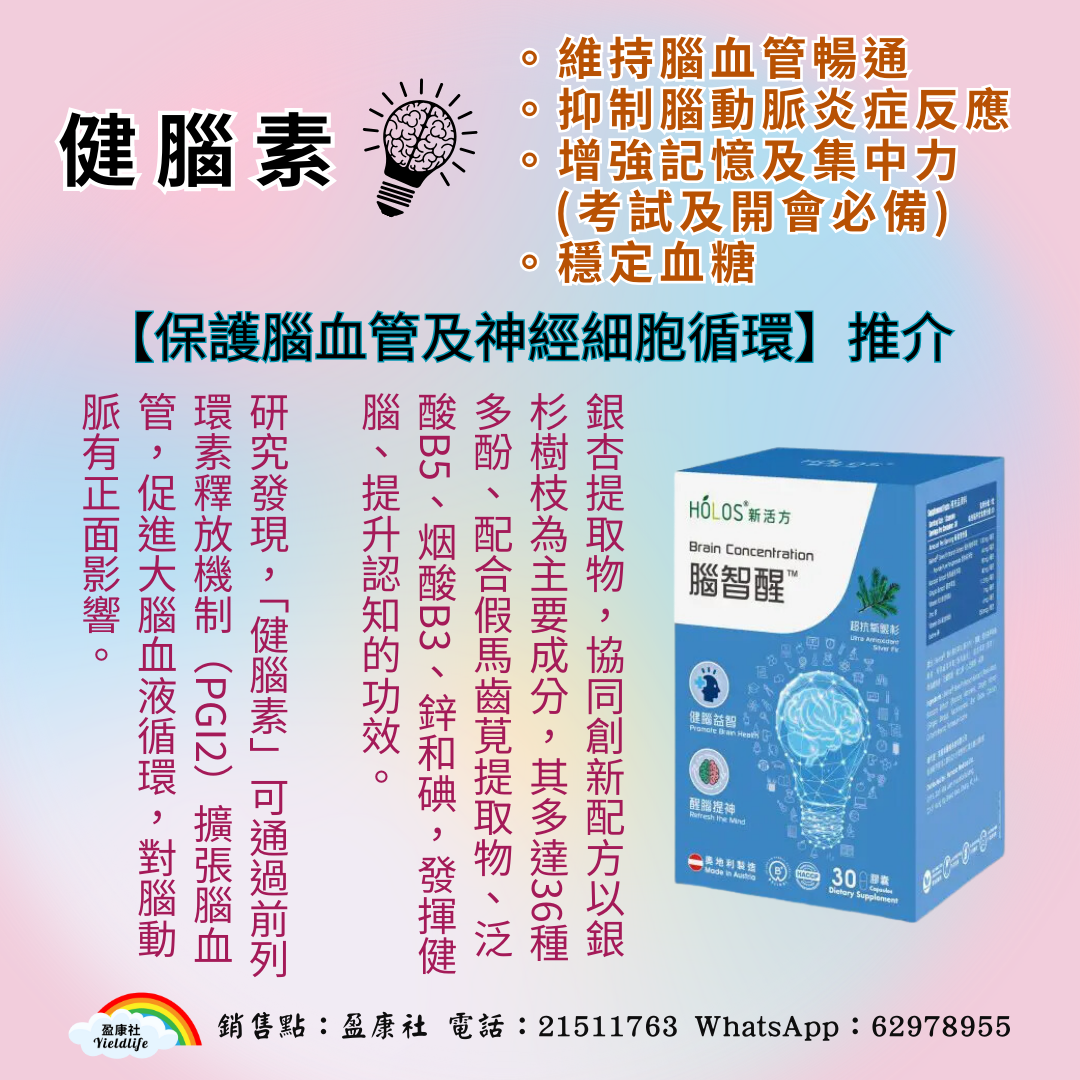 健腦素(保護腦血管及神經細胞循環) 維持腦血管暢通 銀杏提取物,協同創新配方以銀杉樹枝為主要成分,其多達36種多酚、配合假馬齒莧提取物、泛酸B5、烟酸B3、鋅和碘,發揮健腦、提升認知的功效。 研究發現,「健腦素」可通過前列環素釋放機制(PGI2)